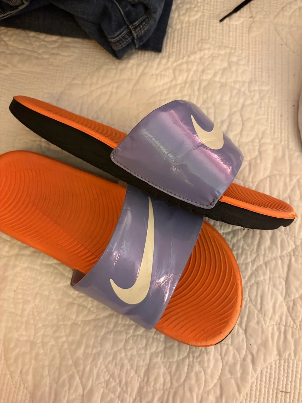Nike Orange Footbed Purple Strap Slide Sandals